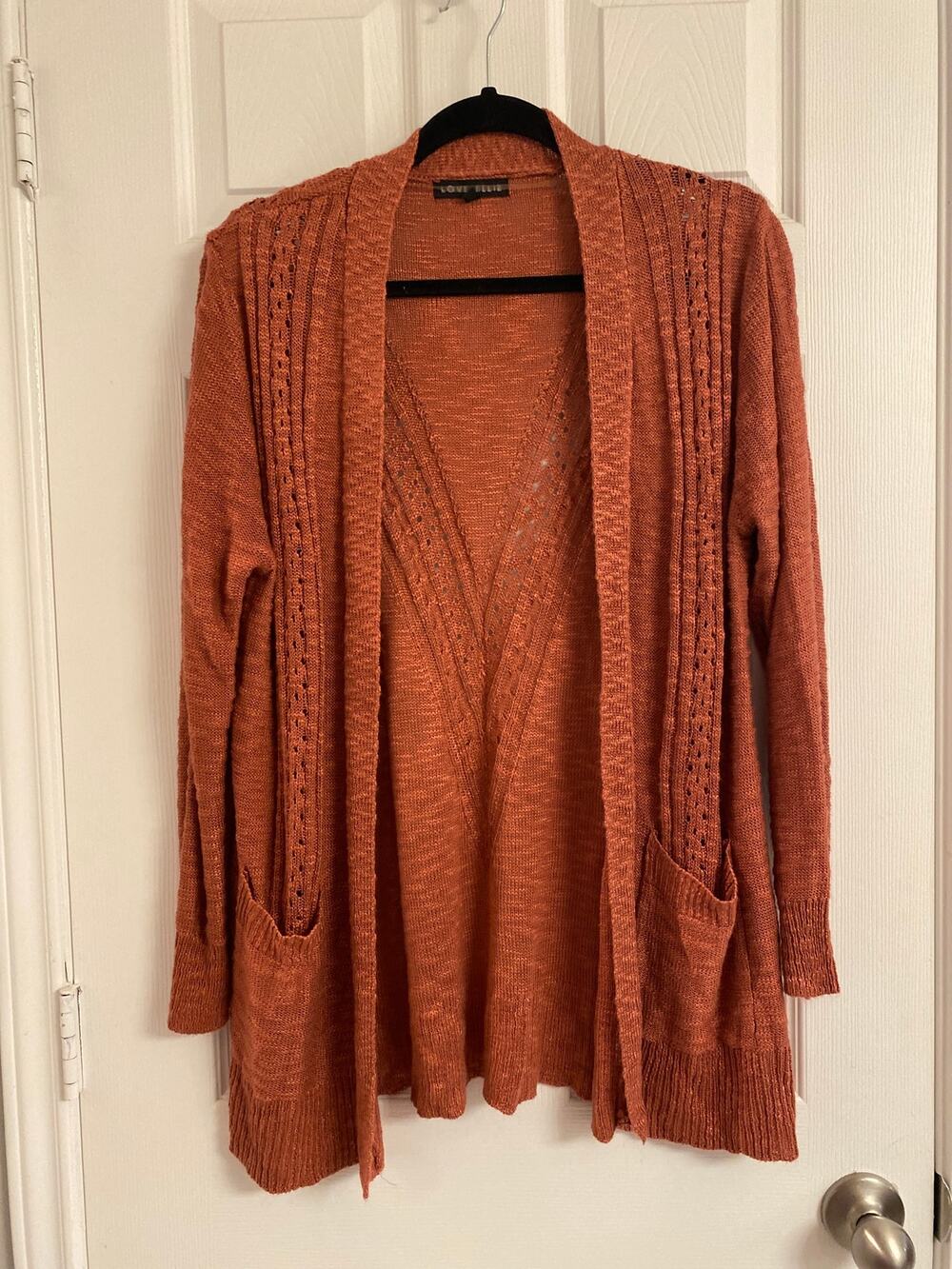 Love Ellie Open Front Cardigan XL Rust Orange Pointelle Knit Boho Cottagecore